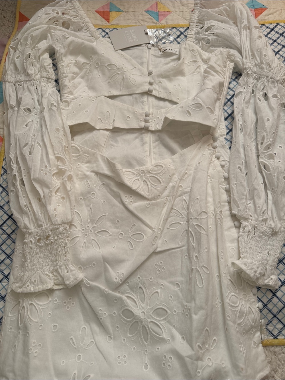 White Eyelet Cutout Midi Dress with Puff Sleeves